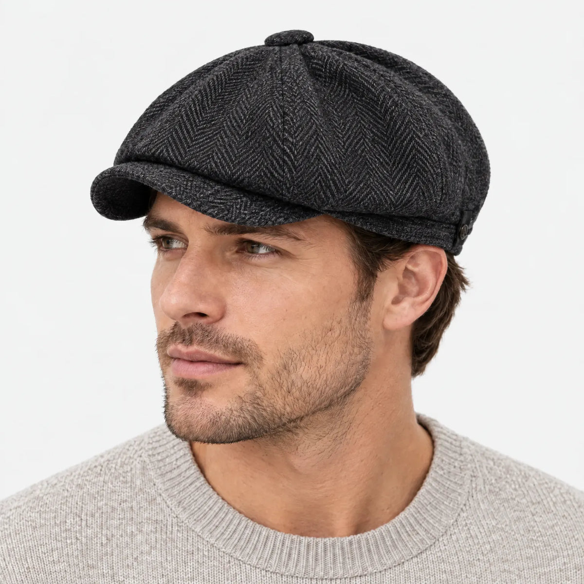 Eight-panel driver's cap with herringbone pattern and short bill