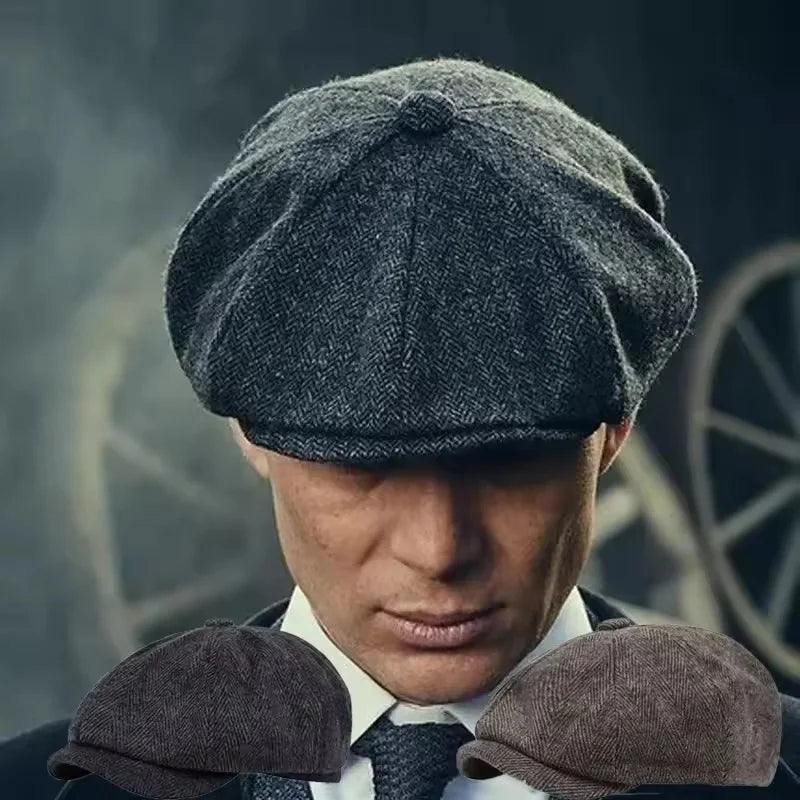 Eight-panel driver's cap with herringbone pattern and short bill