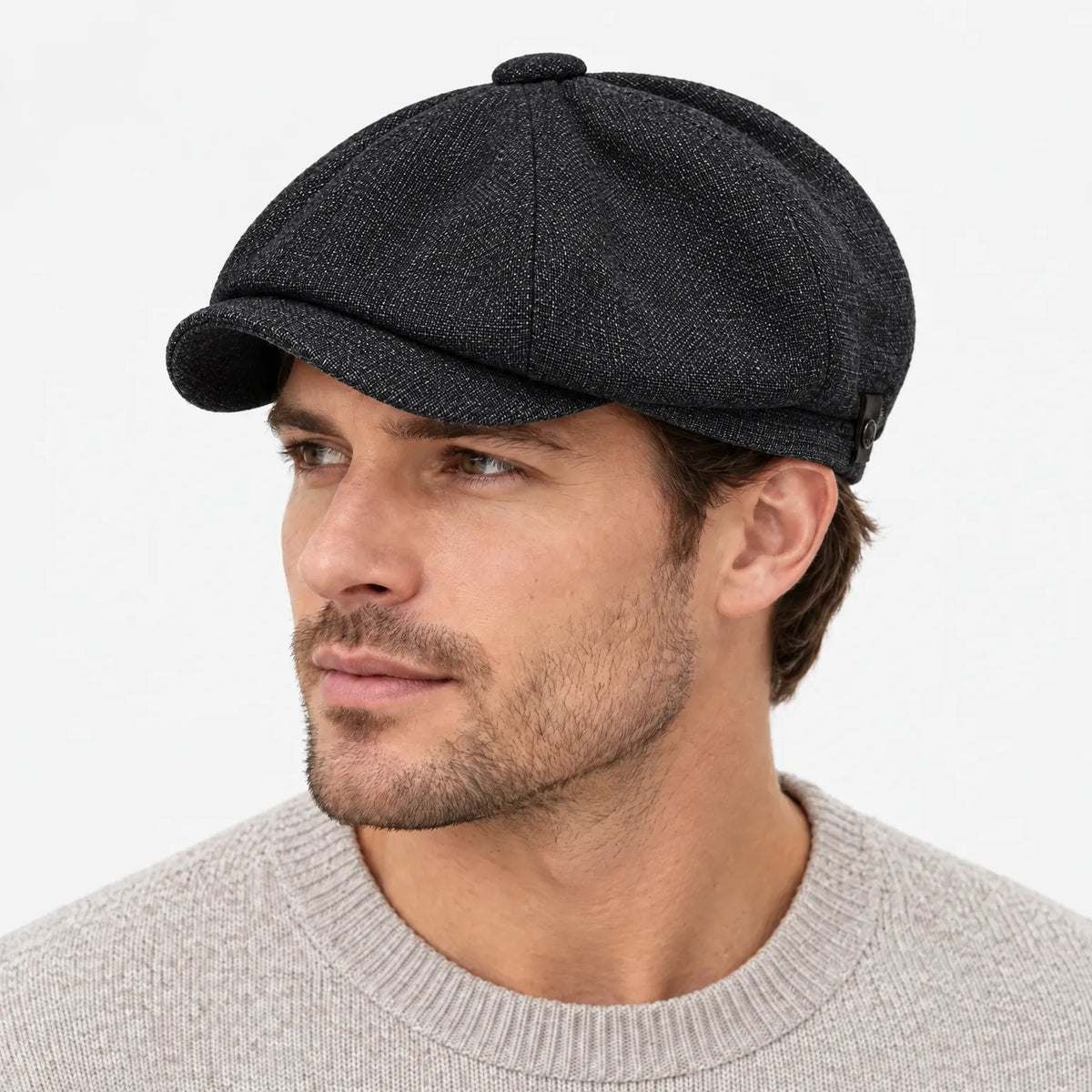 Eight-panel driver's cap with herringbone pattern and short bill