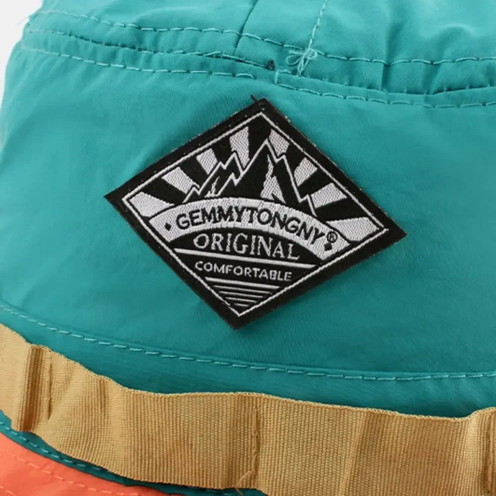 Color-block bucket hat with quick-dry fabric and adjustable chin cord