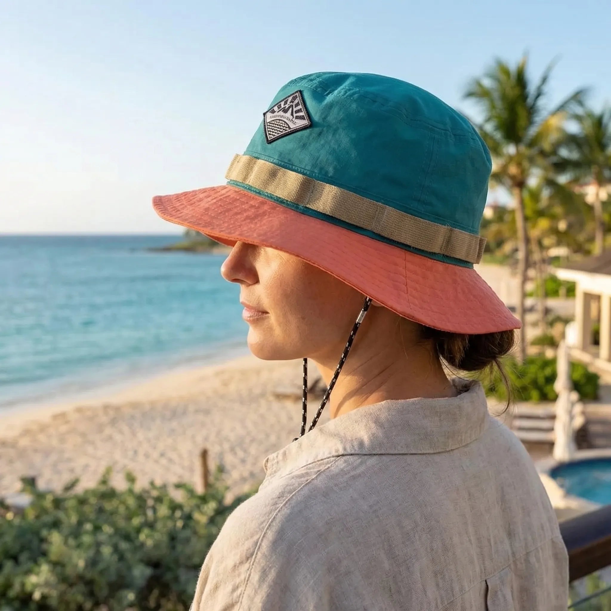 Color-block bucket hat with quick-dry fabric and adjustable chin cord