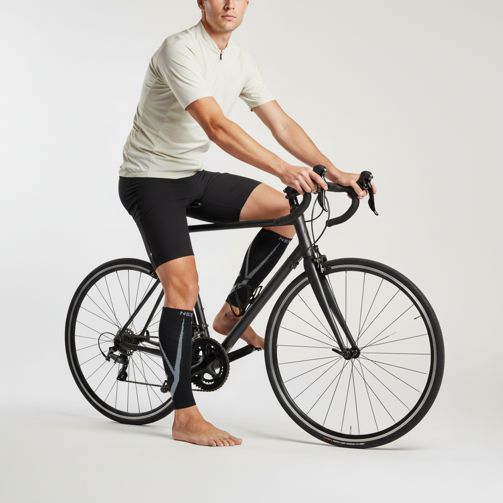 Footless calf compression sleeve with non-slip grip and breathable material