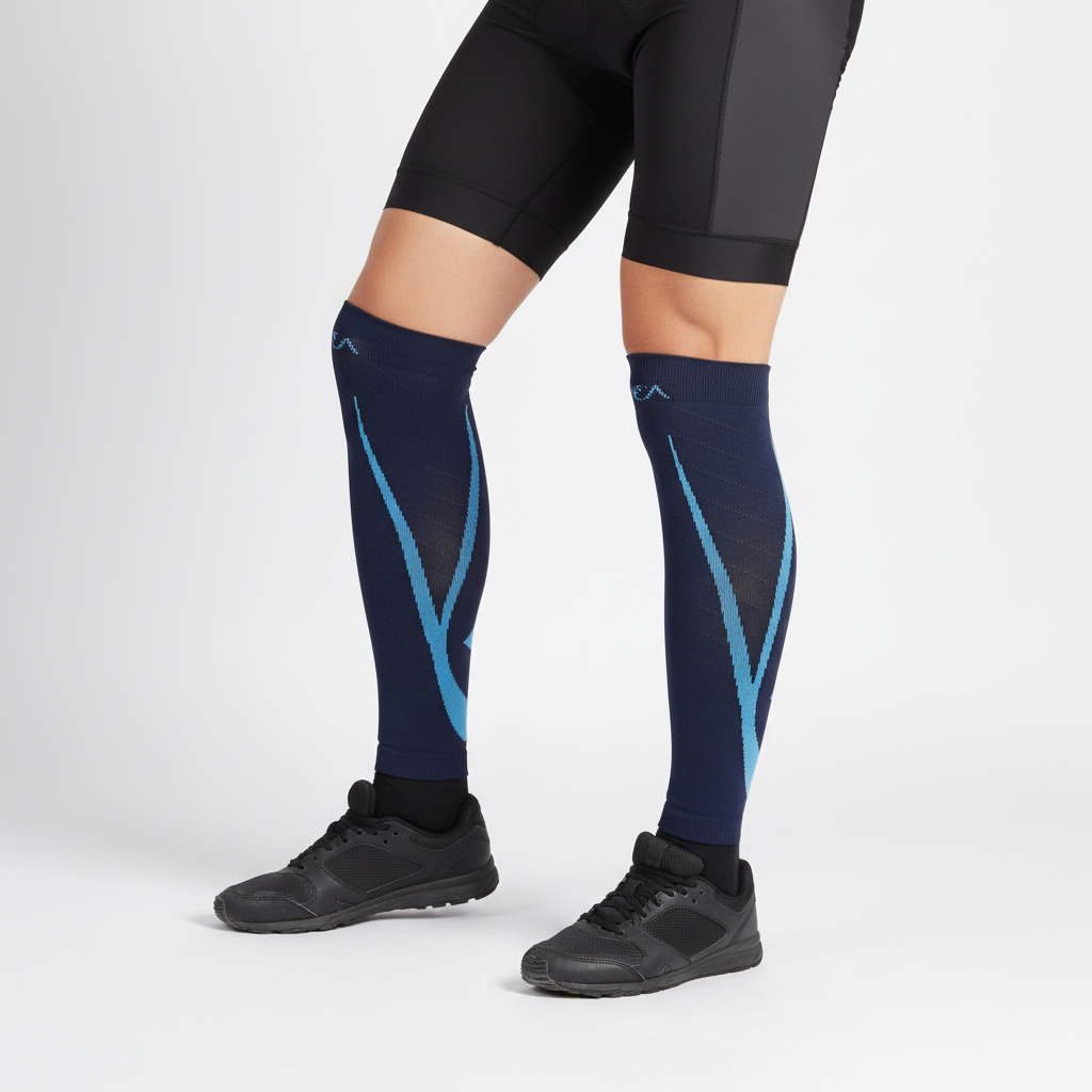 Footless calf compression sleeve with non-slip grip and breathable material