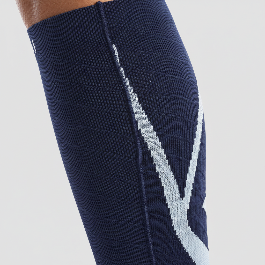 Footless calf compression sleeve with non-slip grip and breathable material
