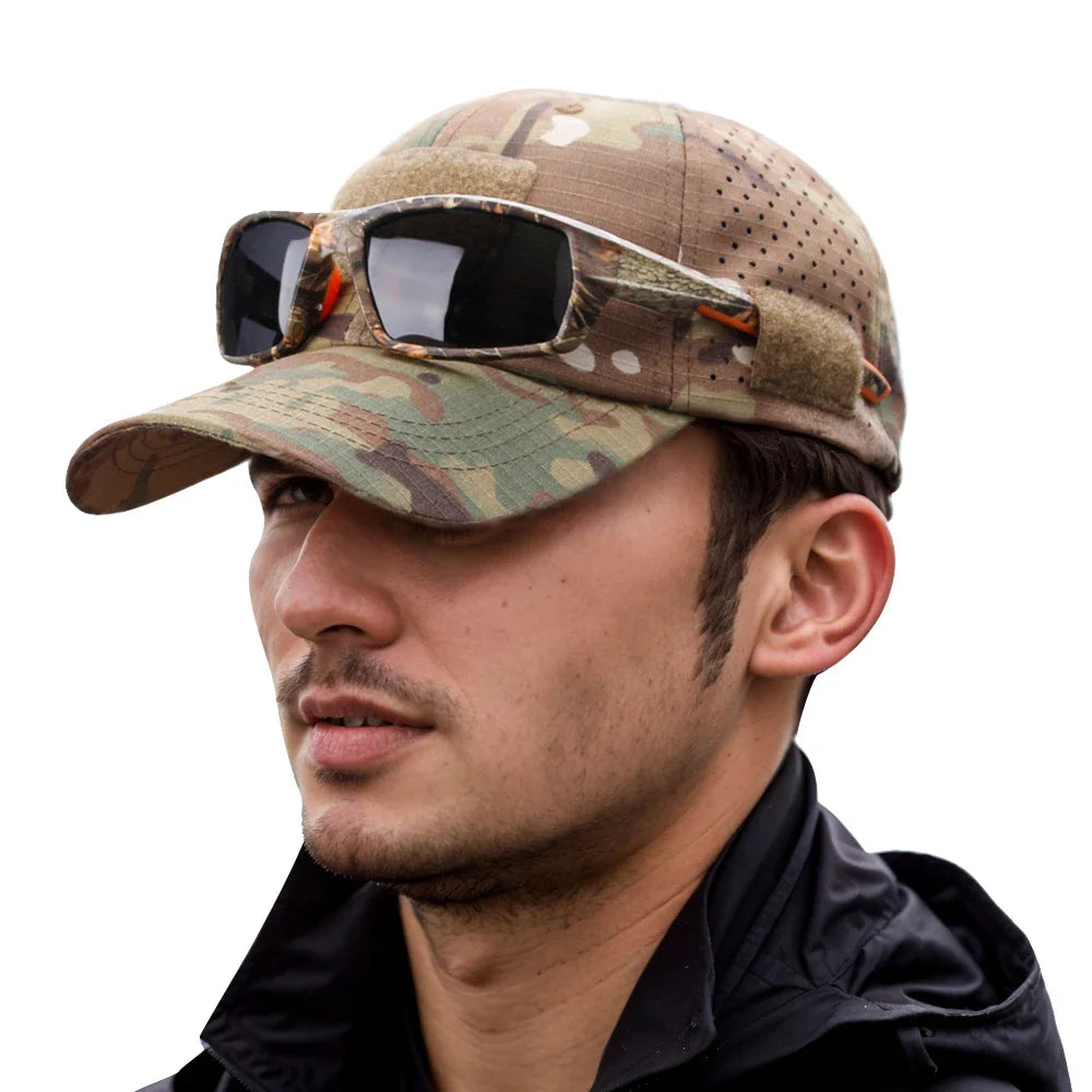 Men's camouflage baseball cap with breathable mesh construction and adjustable strap