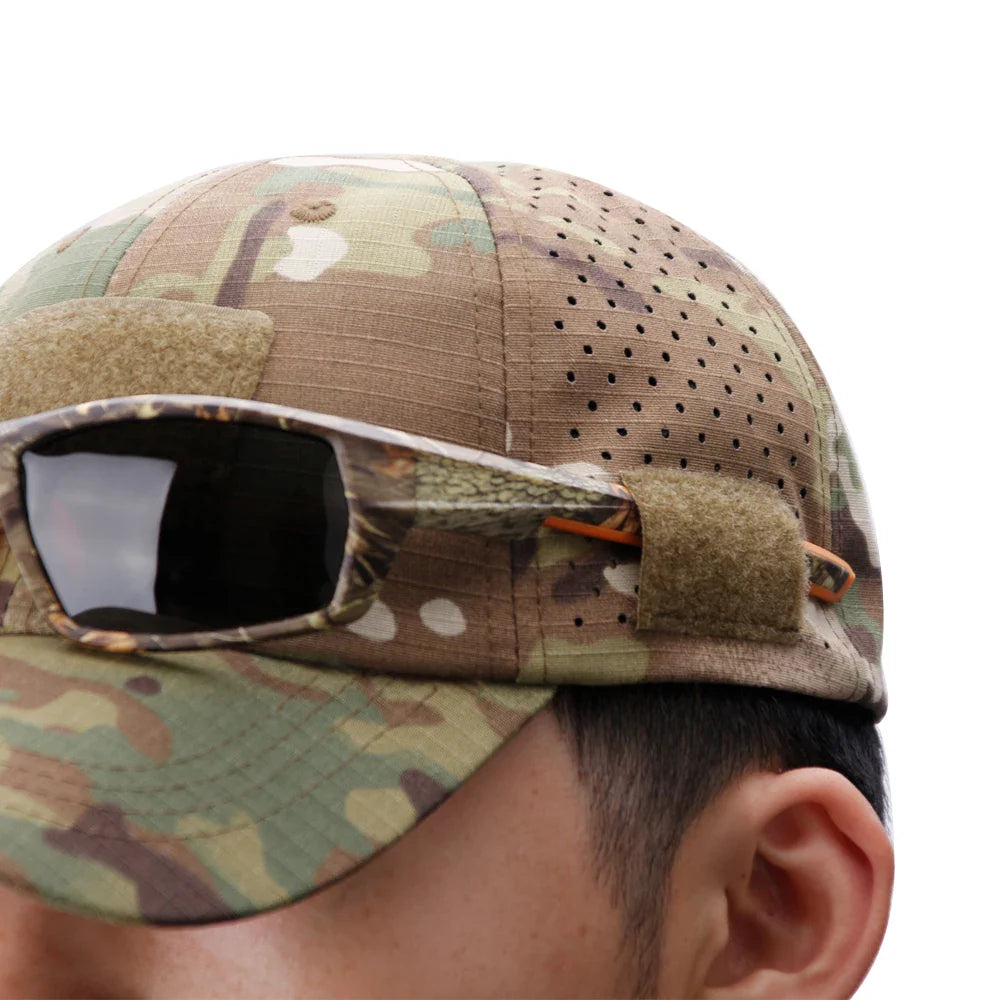 Men's camouflage baseball cap with breathable mesh construction and adjustable strap