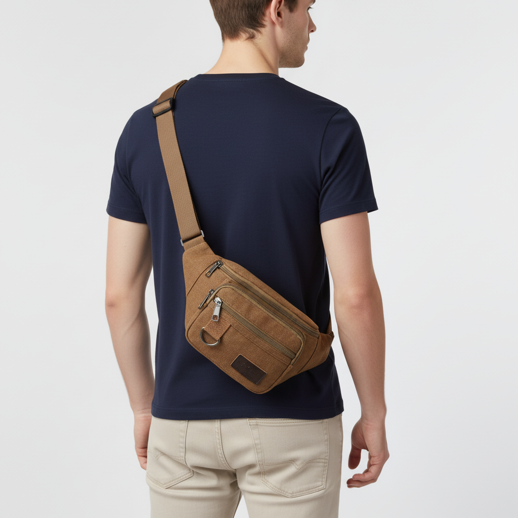 Canvas waist bag with adjustable strap and multiple zip compartments