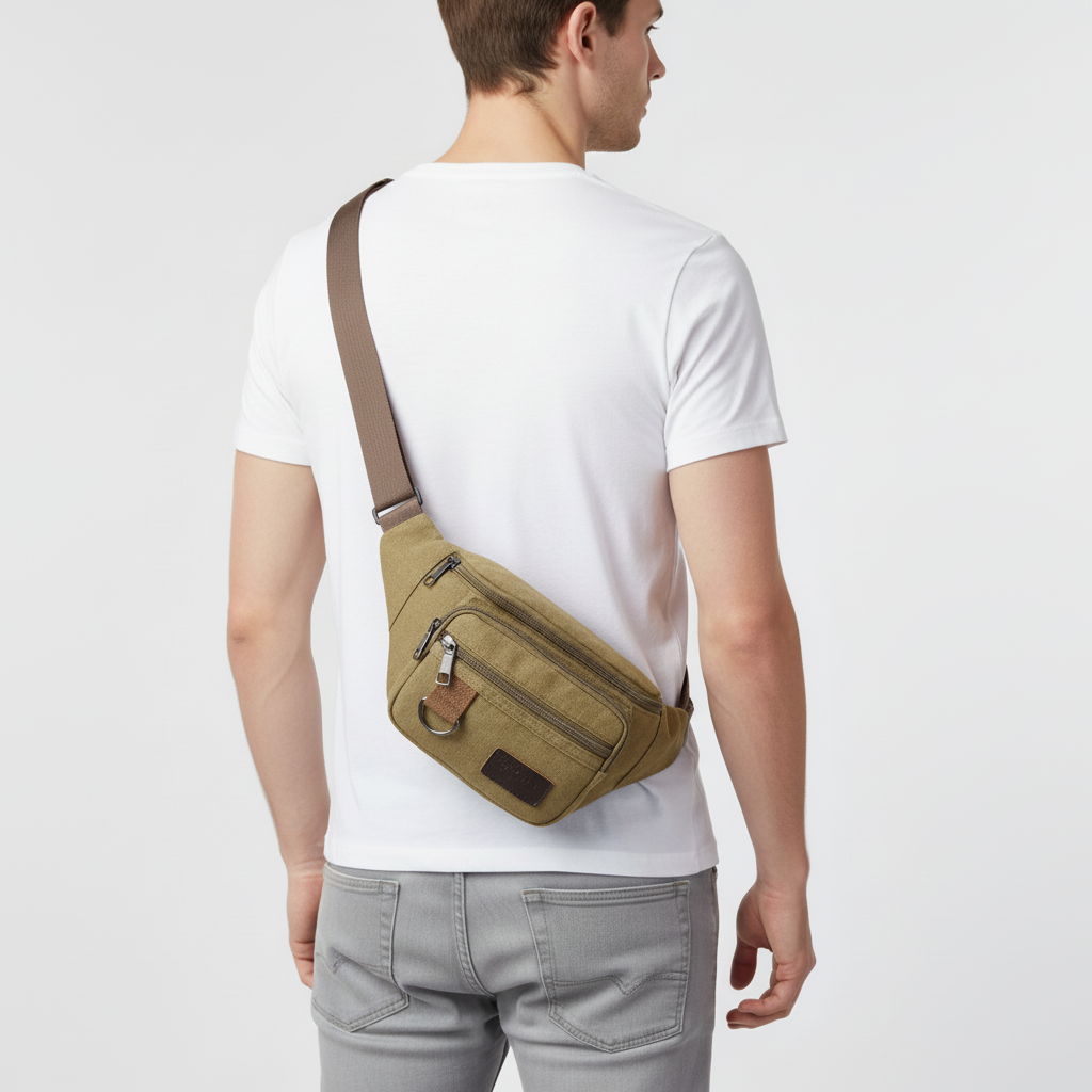 Canvas waist bag with adjustable strap and multiple zip compartments