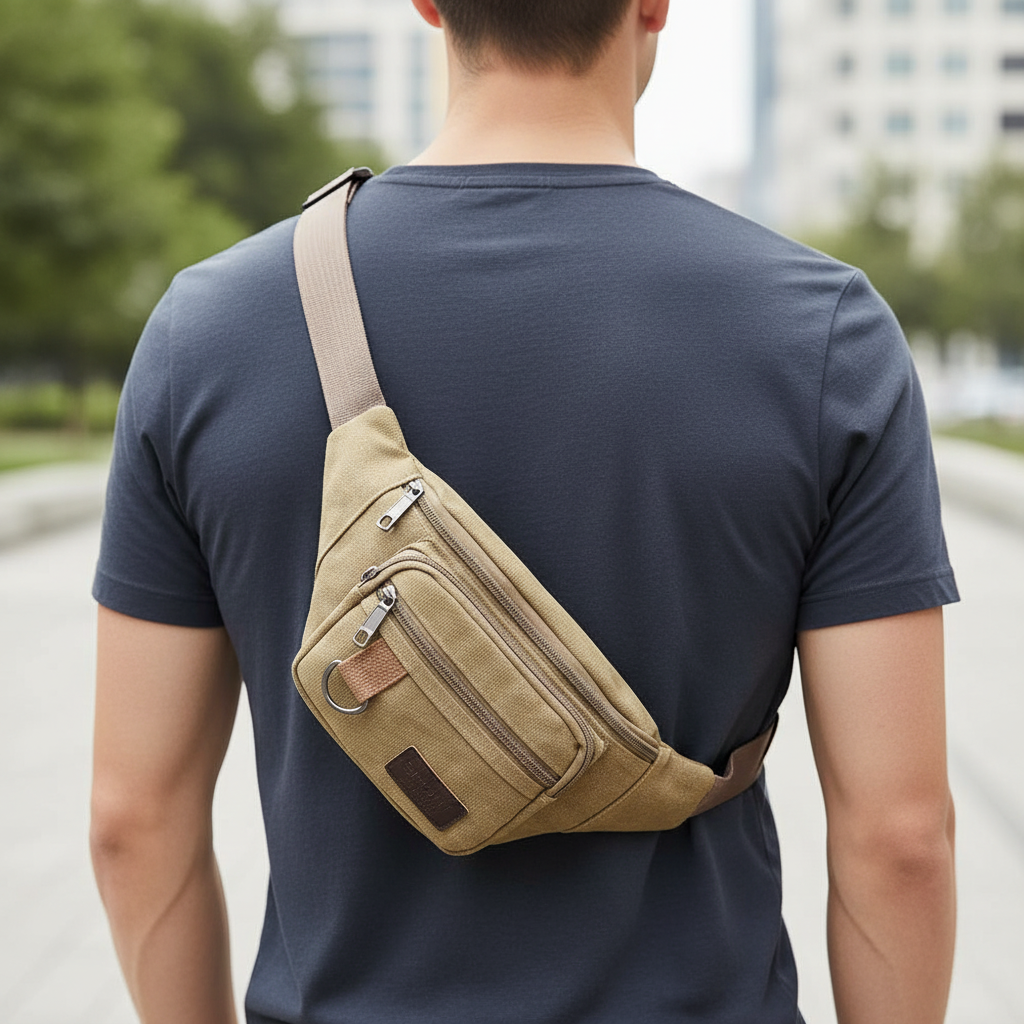 Canvas waist bag with adjustable strap and multiple zip compartments
