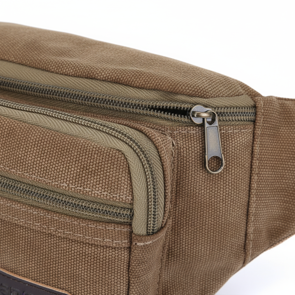 Canvas waist bag with adjustable strap and multiple zip compartments