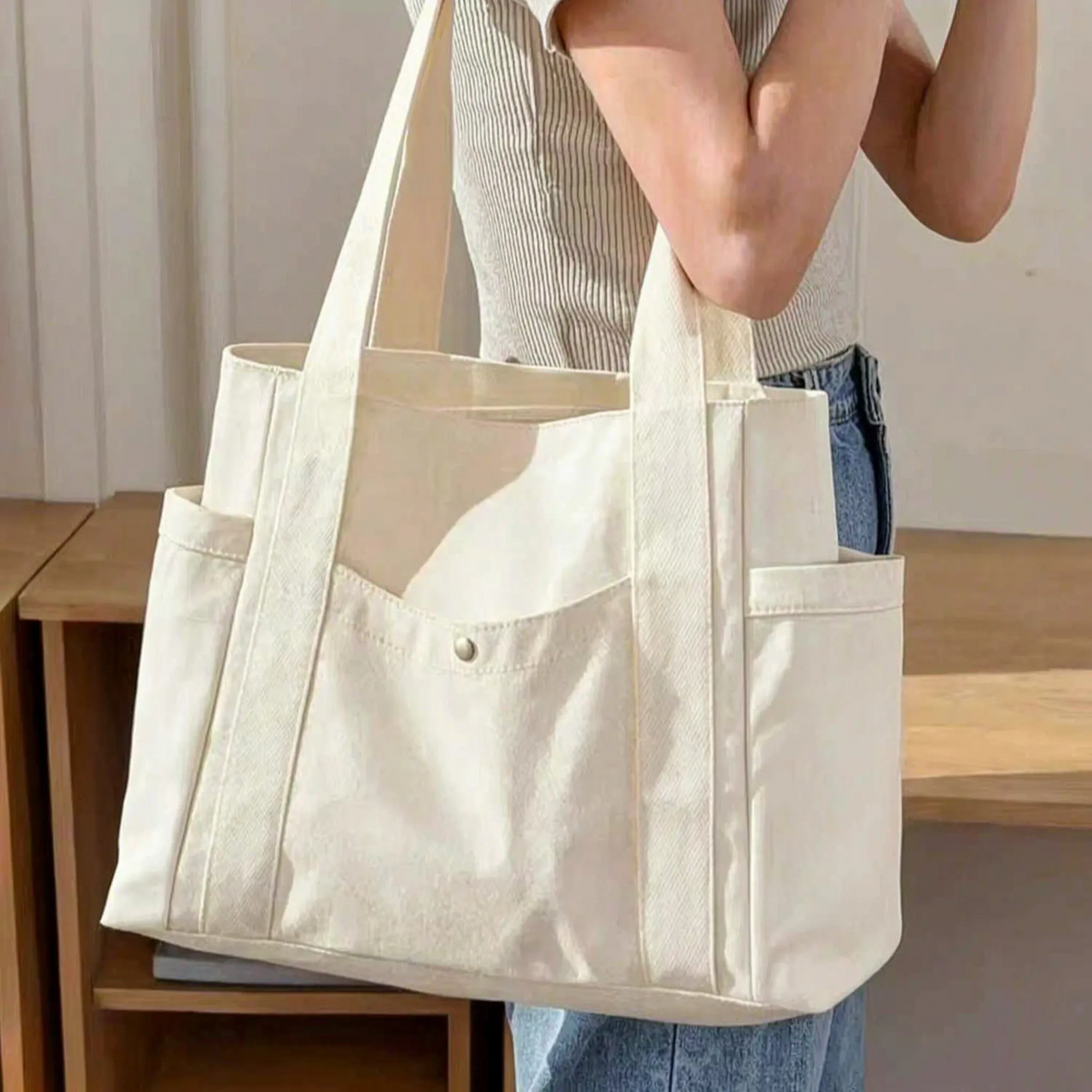 Shoulder bags canvas tote with structured base and side bottle pockets