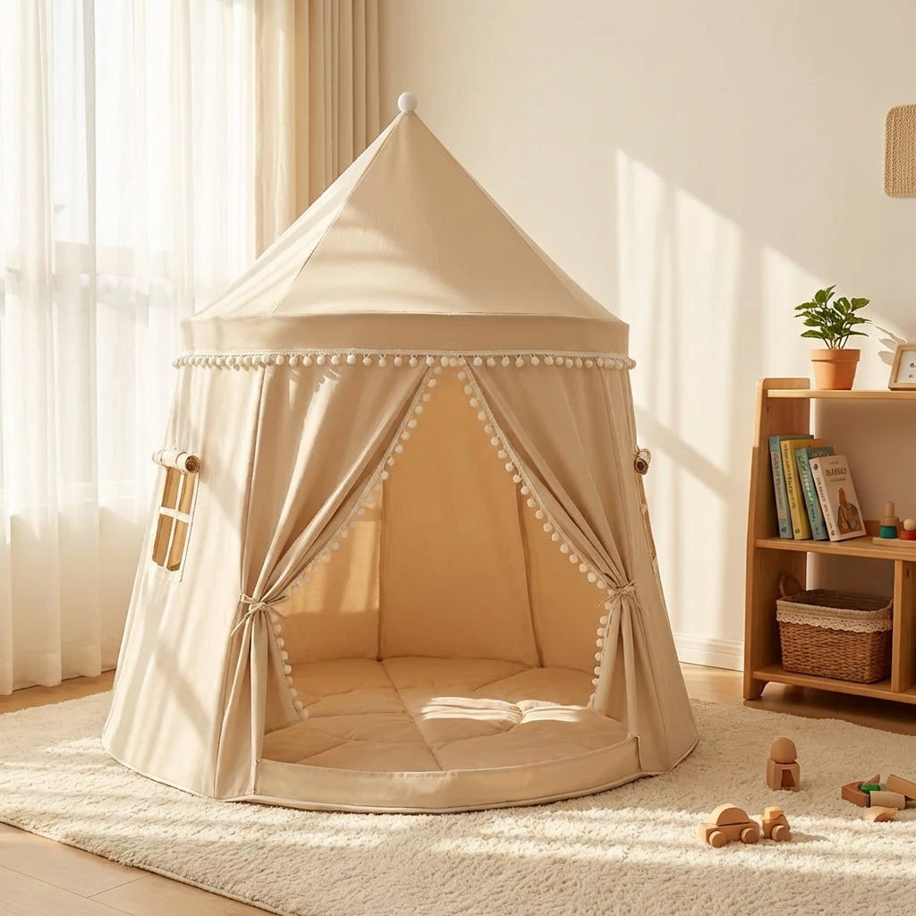 Foldable kids play tent castle design with padded floor and curtain entrance