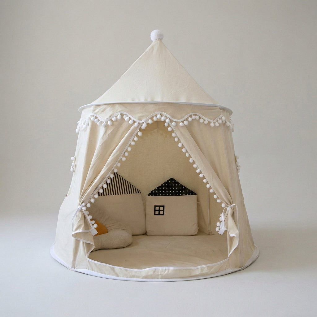 Foldable kids play tent castle design with padded floor and curtain entrance