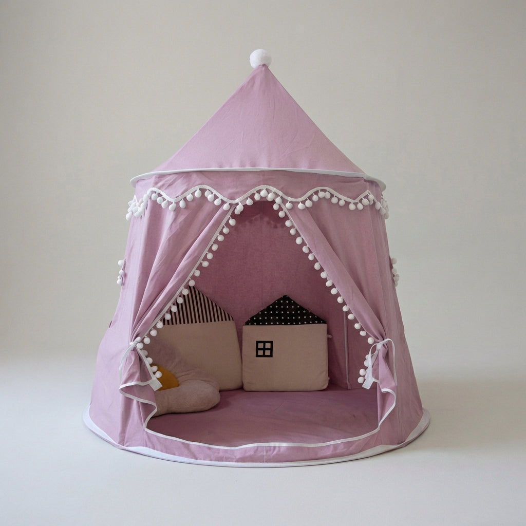 Foldable kids play tent castle design with padded floor and curtain entrance