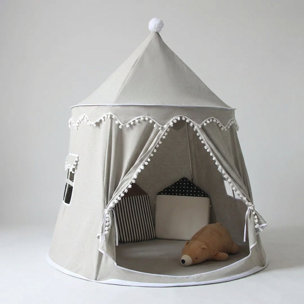 Foldable kids play tent castle design with padded floor and curtain entrance