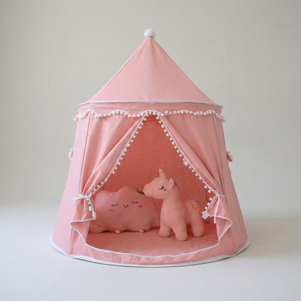 Foldable kids play tent castle design with padded floor and curtain entrance