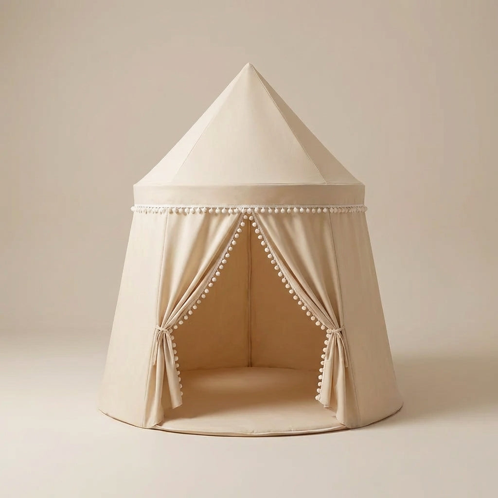 Foldable kids play tent castle design with padded floor and curtain entrance