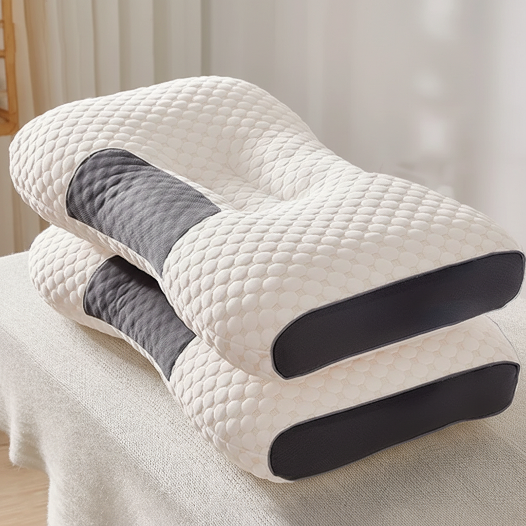 Orthopedic neck pillow with contour support and massage zones