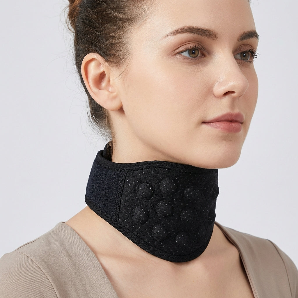 Self-heating neck support with magnets for pain relief