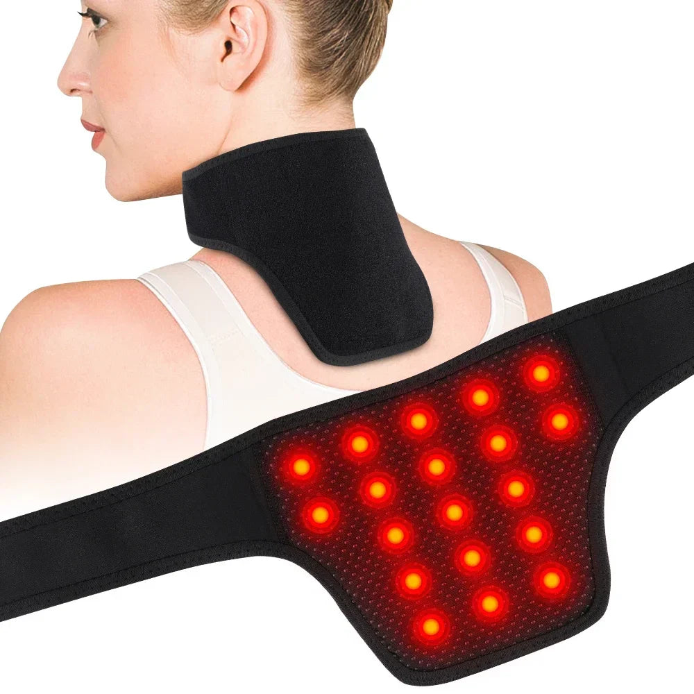 Self-heating neck support with magnets for pain relief