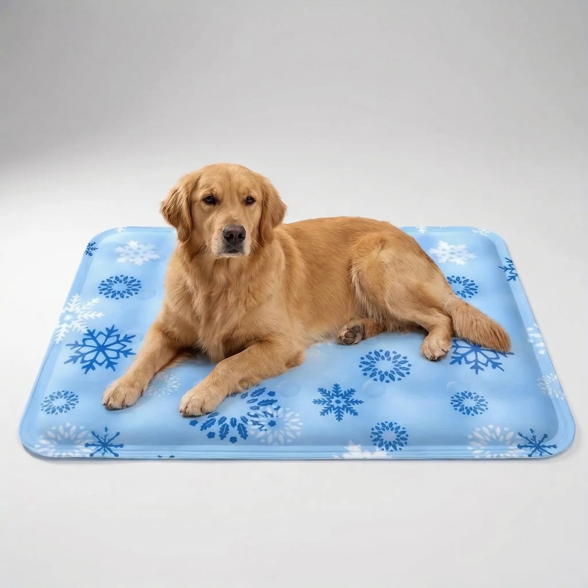 Water-filled cooling mat for dogs and cats with snowflake print design