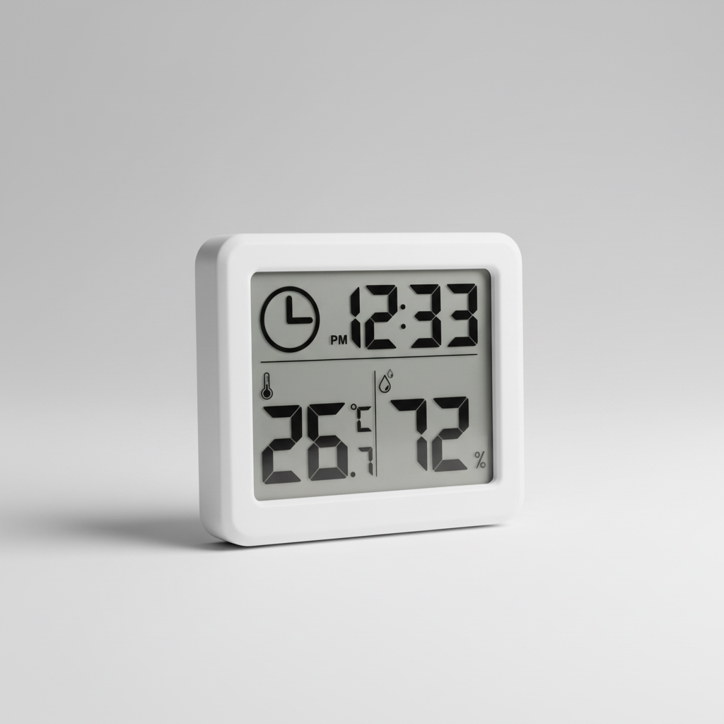 Digital alarm clock with temperature humidity display and large readable digits