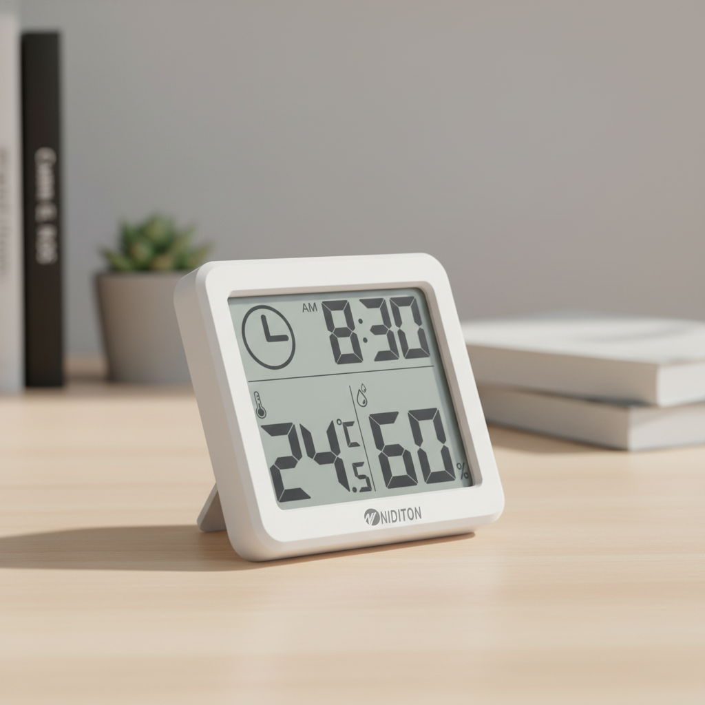 Digital alarm clock with temperature humidity display and large readable digits