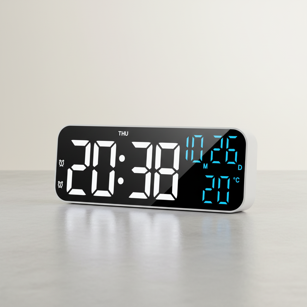 Digital alarm clock with LED display showing time, temperature, and date readout