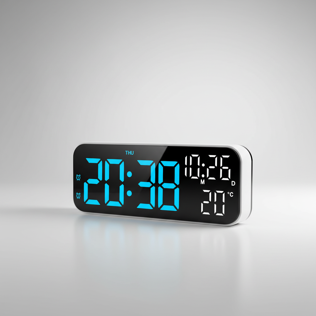 Digital alarm clock with LED display showing time, temperature, and date readout