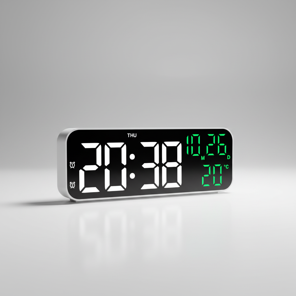 Digital alarm clock with LED display showing time, temperature, and date readout