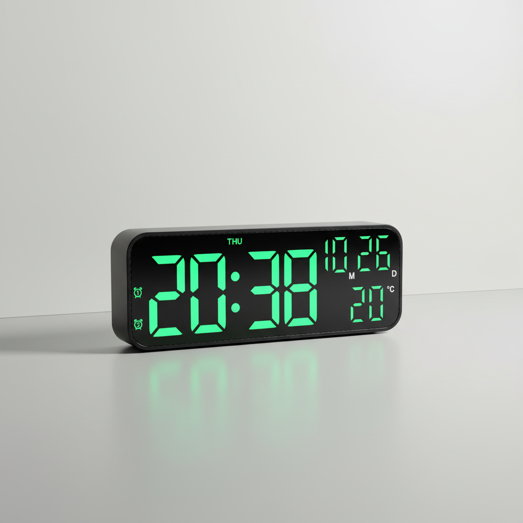Digital alarm clock with LED display showing time, temperature, and date readout