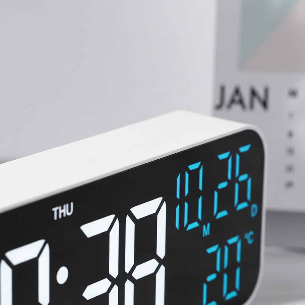 Digital alarm clock with LED display showing time, temperature, and date readout