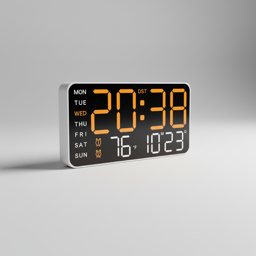 Digital alarm clock with large LED display showing time temperature and date