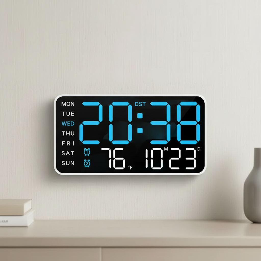 Digital alarm clock with large LED display showing time temperature and date
