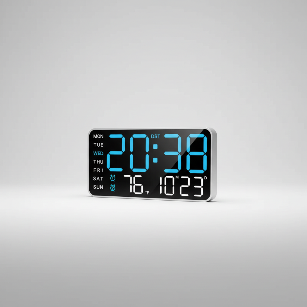 Digital alarm clock with large LED display showing time temperature and date
