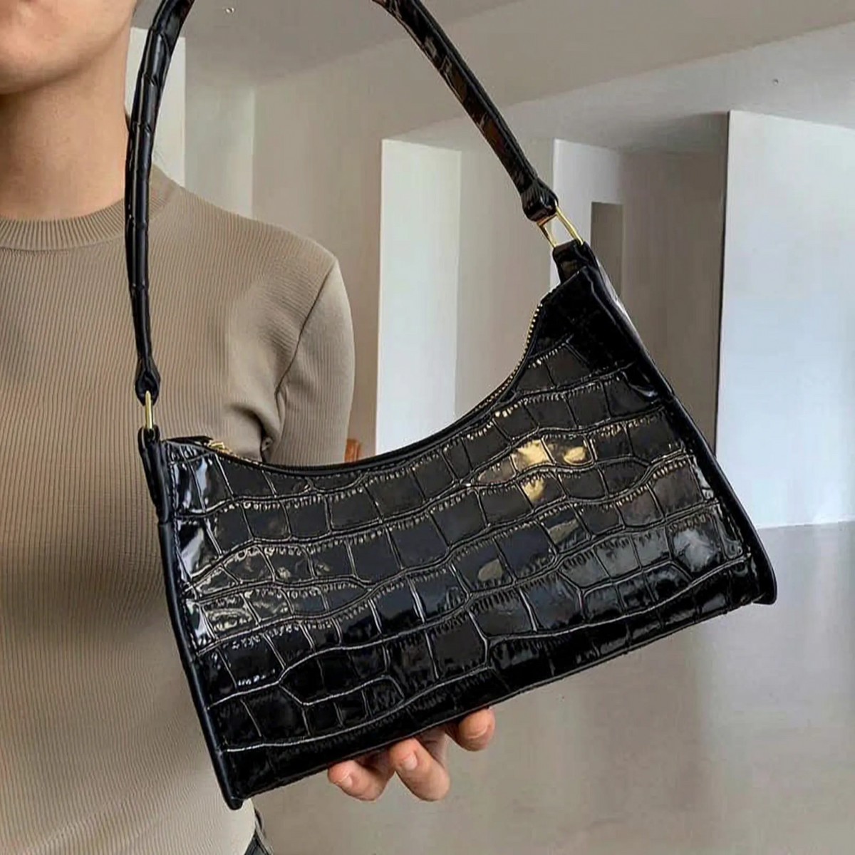 Shoulder bags croc embossed baguette bag with gold-tone hardware