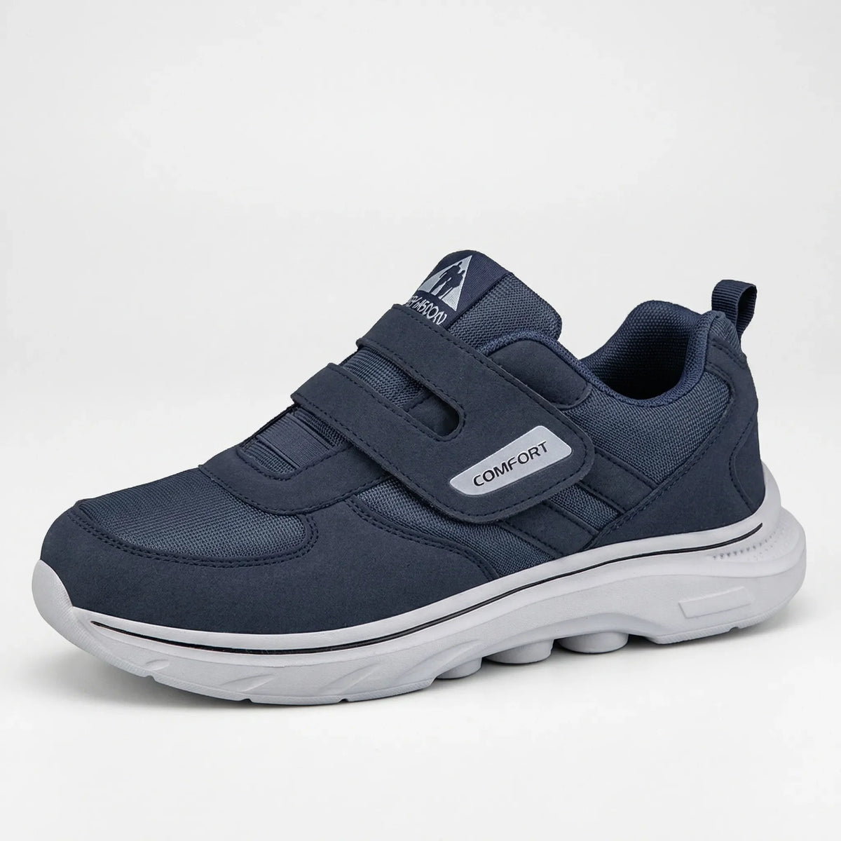 Orthopedic wide-fit walking sneaker with cushioned sole and hook-and-loop strap