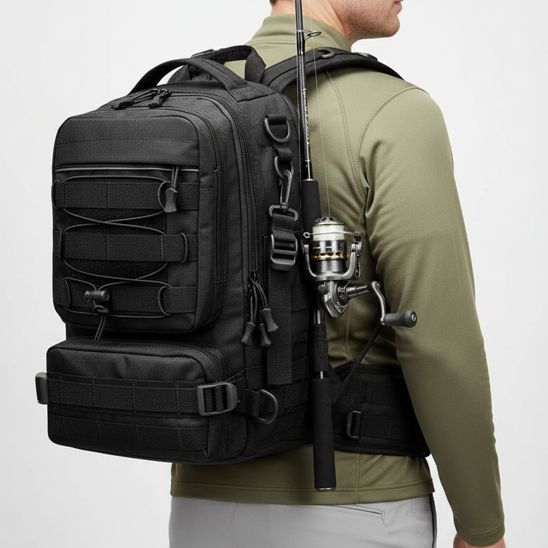 Tactical fishing backpack with rod holder and padded shoulder straps