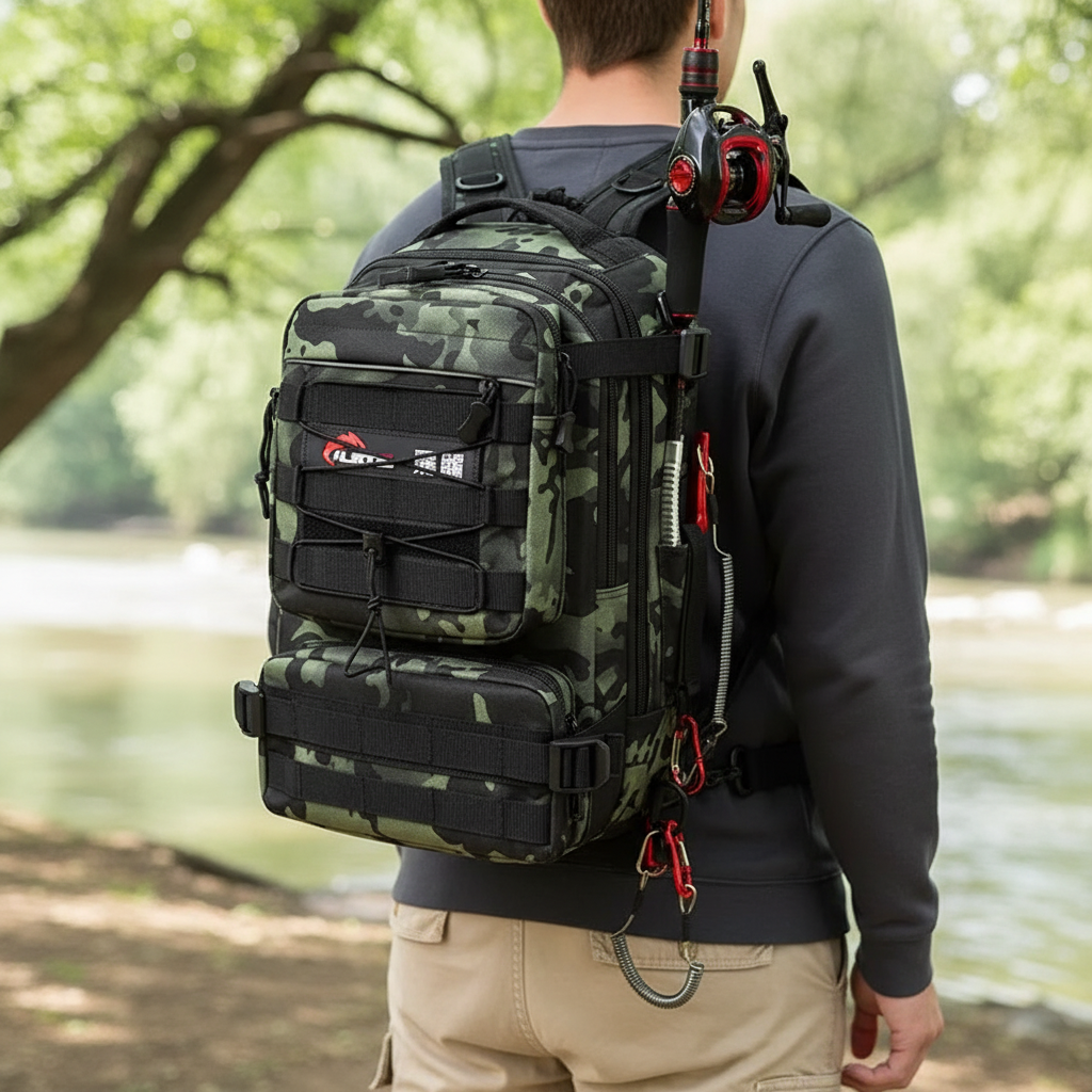 Tactical fishing backpack with rod holder and padded shoulder straps