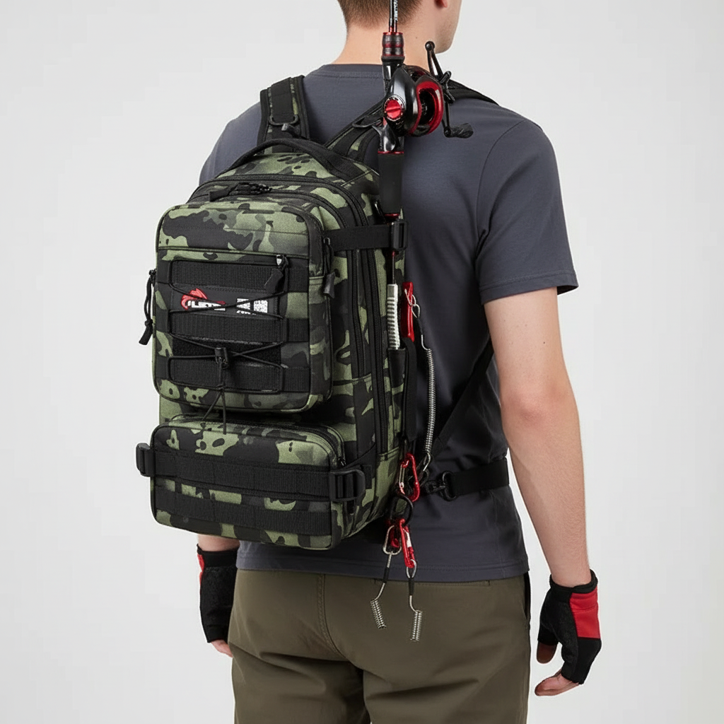 Tactical fishing backpack with rod holder and padded shoulder straps