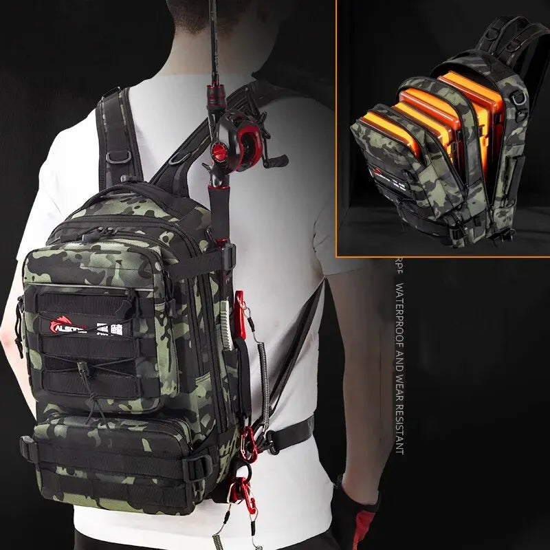 Tactical fishing backpack with rod holder and padded shoulder straps