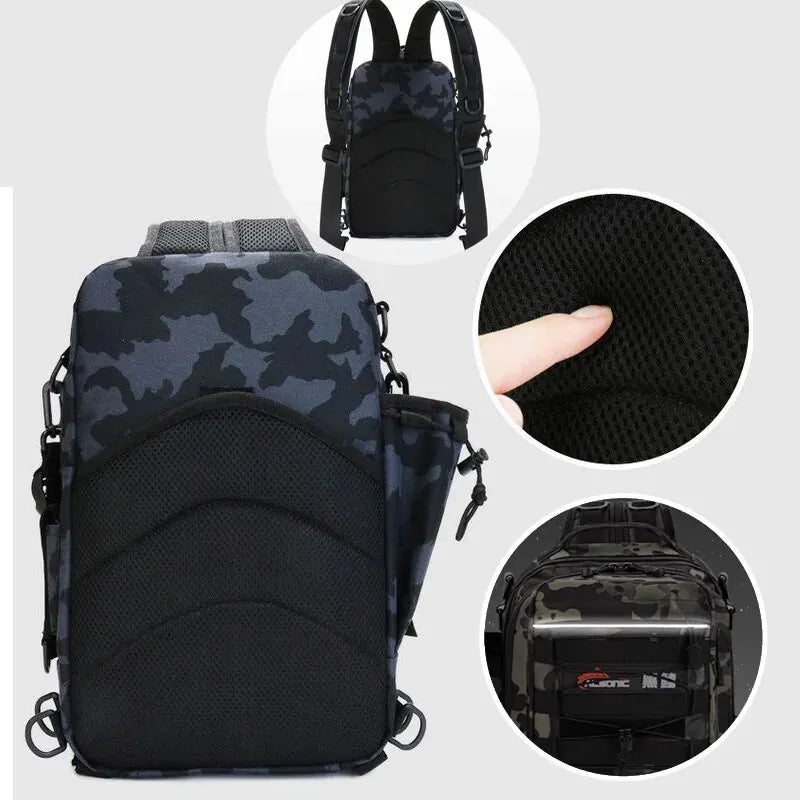 Tactical fishing backpack with rod holder and padded shoulder straps