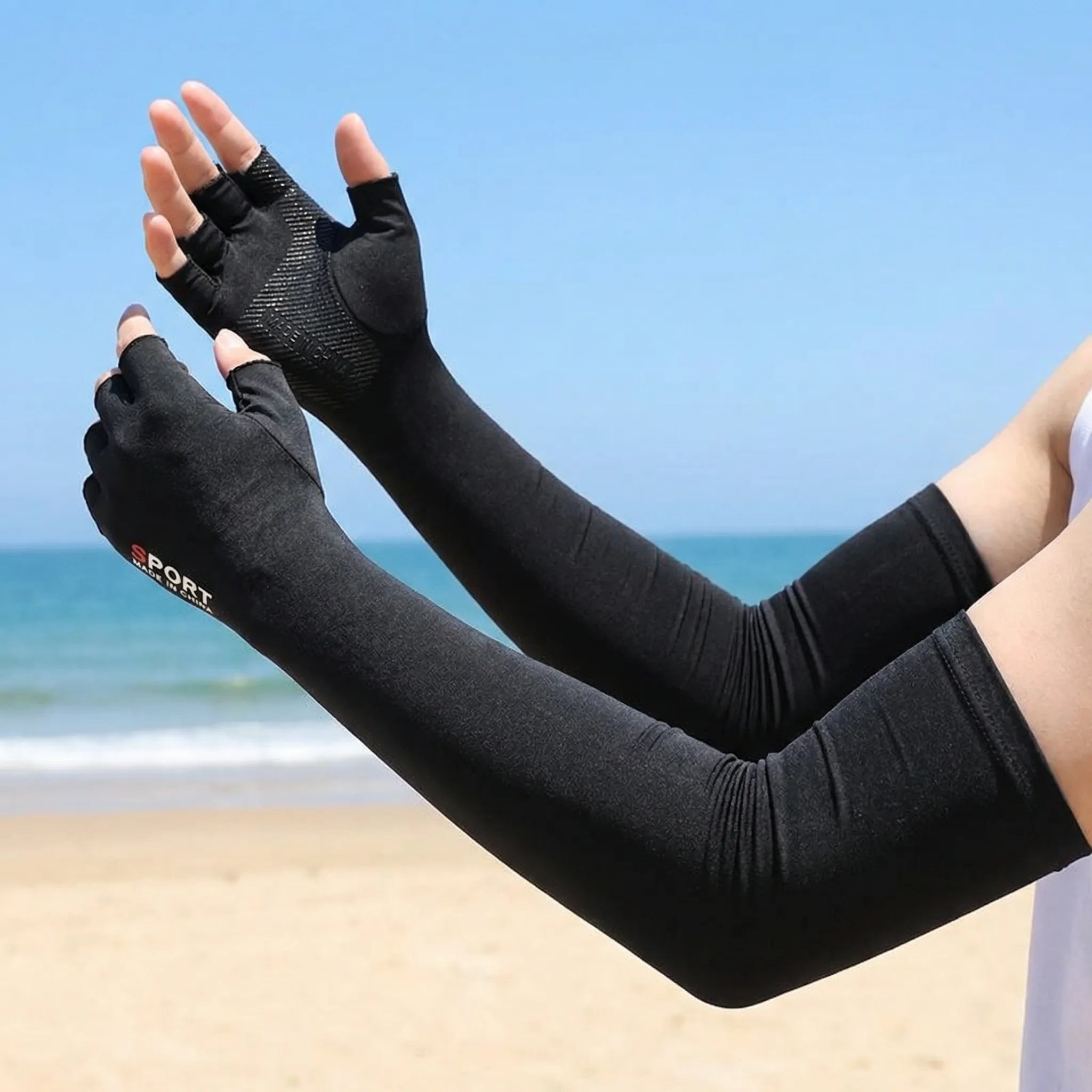 Cooling arm sleeves with UPF sun protection and half-finger design
