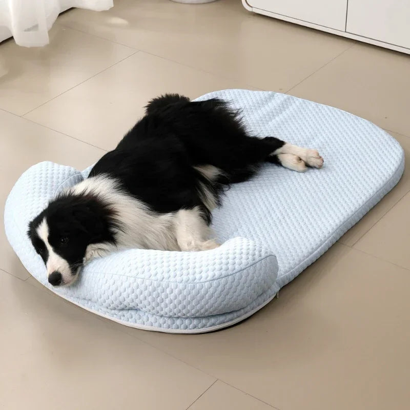 Cooling pet bed with foam base, removable washable cover and bolster headrest