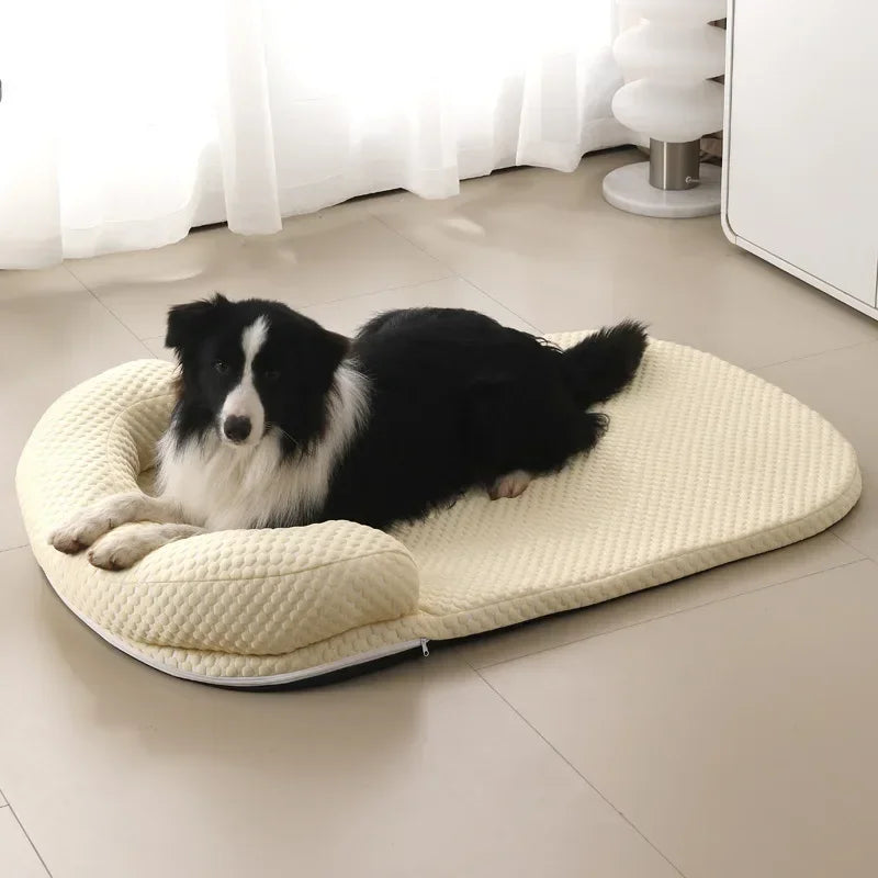 Cooling pet bed with foam base, removable washable cover and bolster headrest