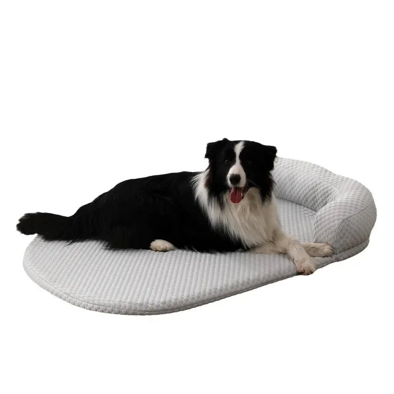 Cooling pet bed with foam base, removable washable cover and bolster headrest