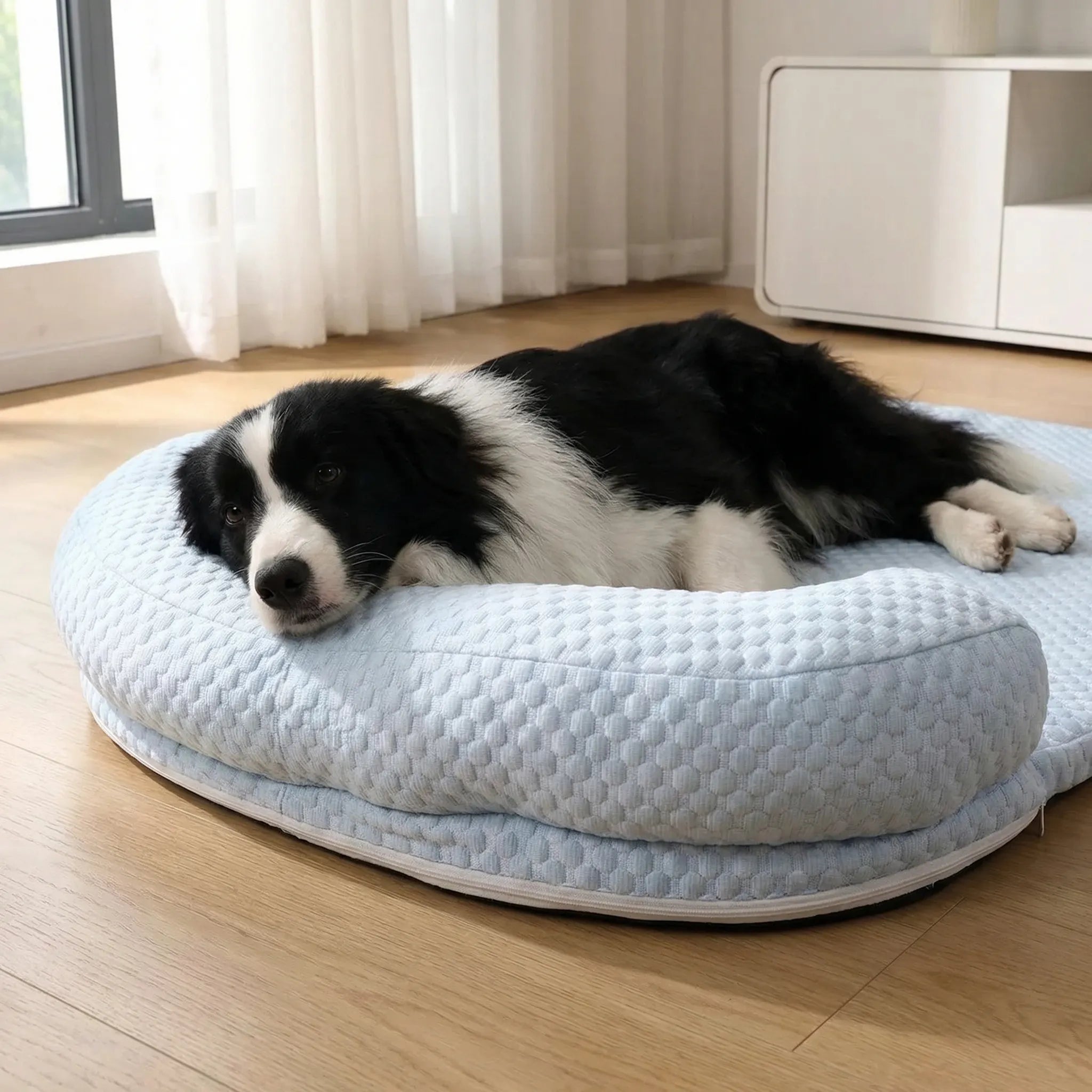 Cooling pet bed with foam base, removable washable cover and bolster headrest