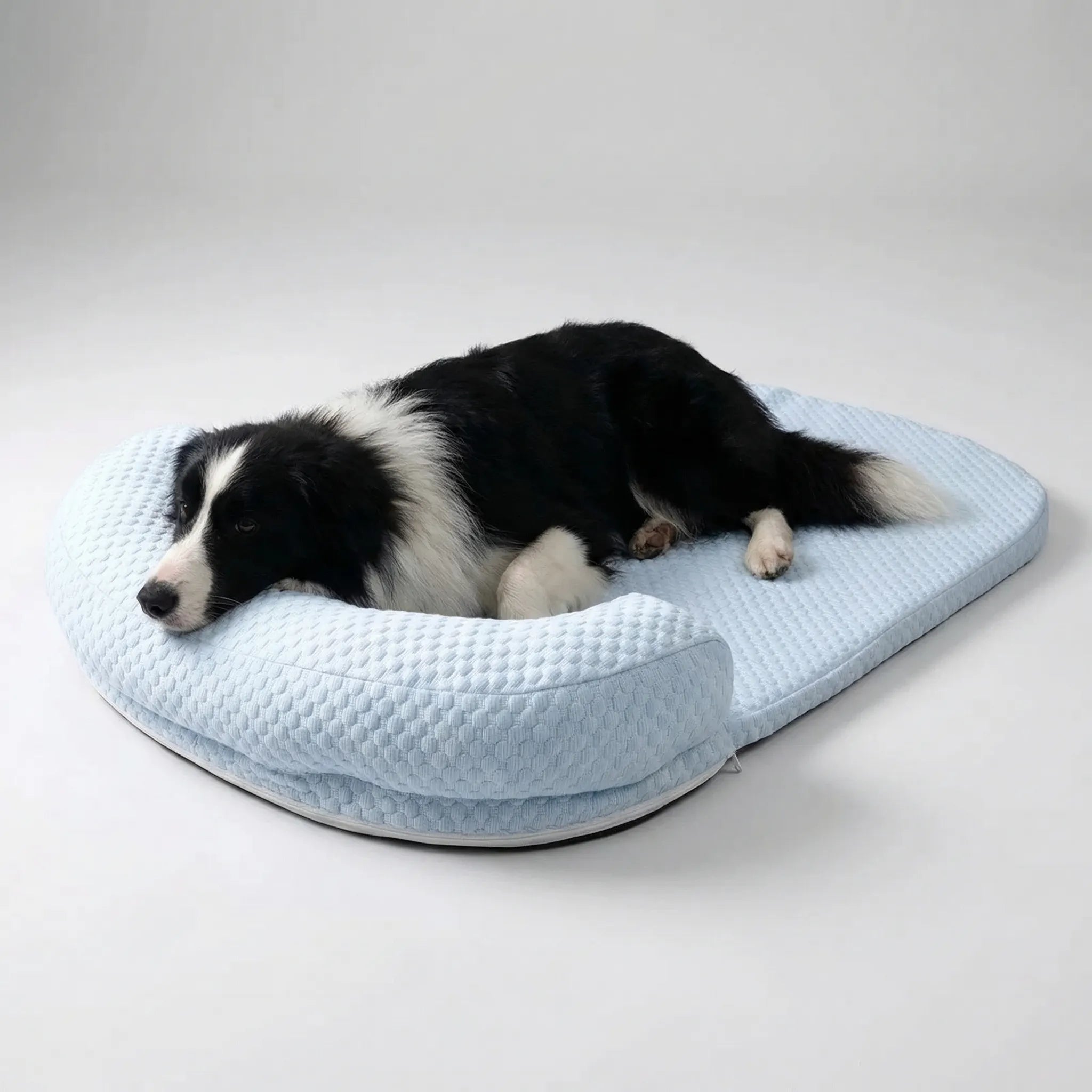 Cooling pet bed with foam base, removable washable cover and bolster headrest