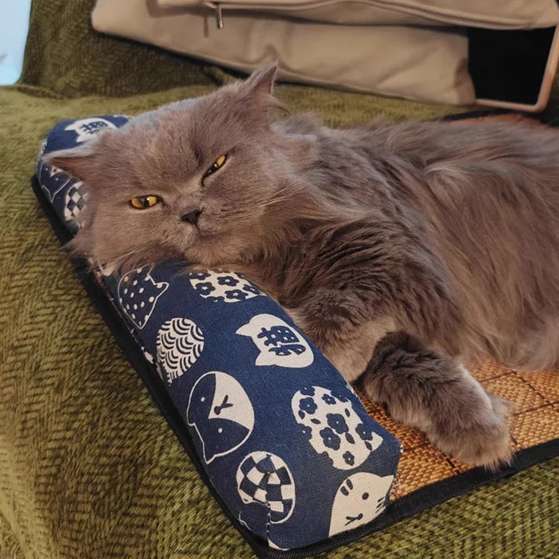 Woven rattan cooling mat with attached bolster pillow for cats and small dogs