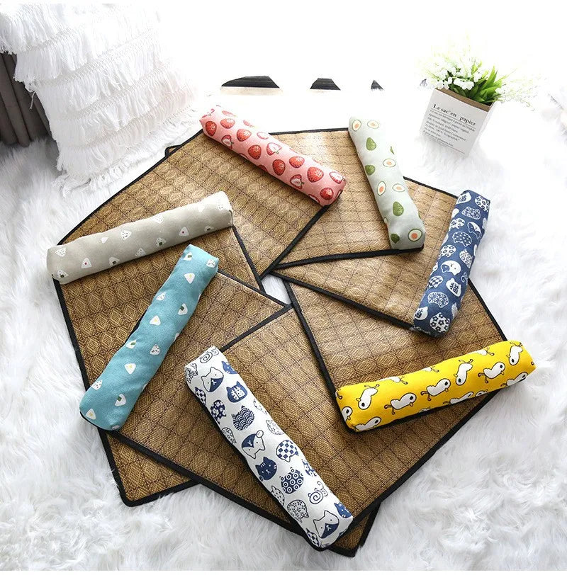 Woven rattan cooling mat with attached bolster pillow for cats and small dogs